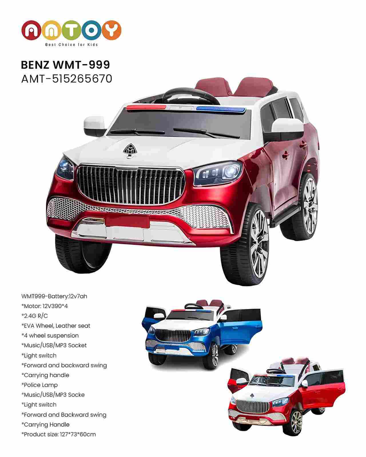 Benz WMT-999 AMT-515265670 | Licensed Mercedes Kids Ride-On Car 12V with Leather Seat & Police Lamp
