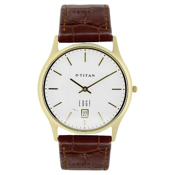 Titan Edge White Dial Analog with Date Leather Strap Watch for Men | Ultra-Slim Luxury Timepiece