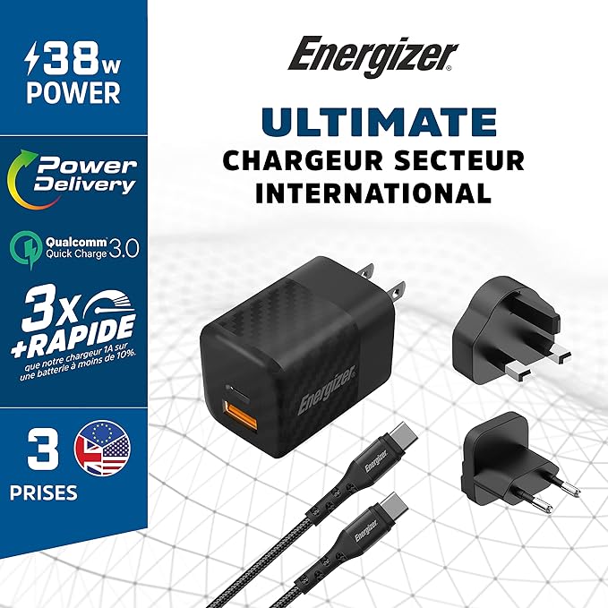 Energizer A38QMUC 38W PD QC3.0 Multi + USB-C Wall Charger Black