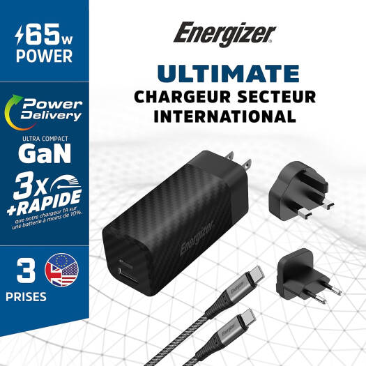 Energizer A65MUC 65W Wall Charger + USB-C Cable Black